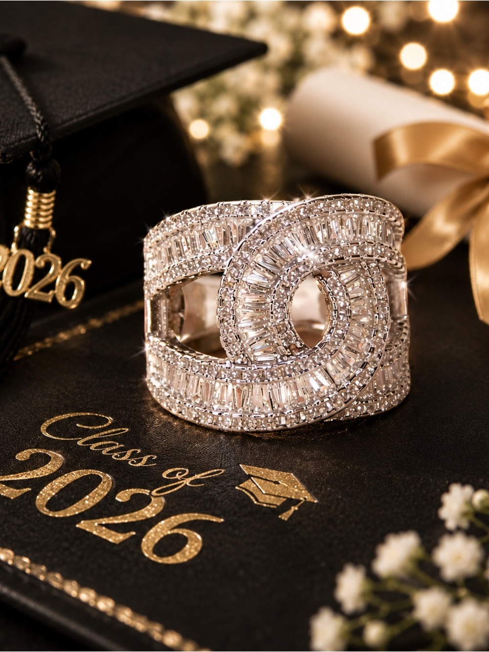 Sparkling Interlocking Crystal Ring - Silver Tone